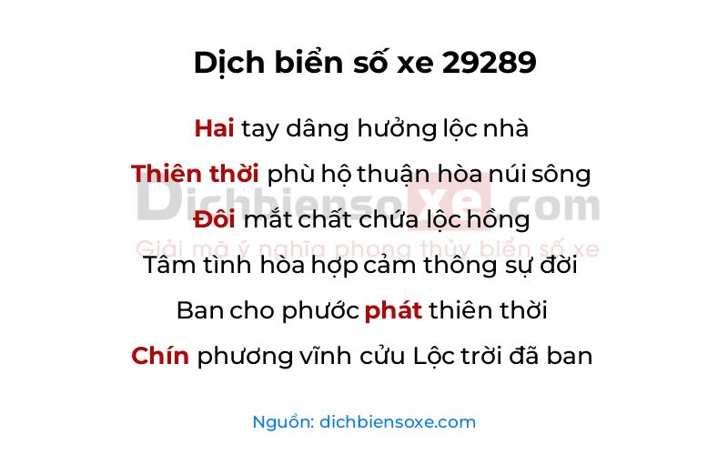 Dịch thơ biển số 29289