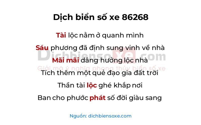 Dịch thơ biển số 86268