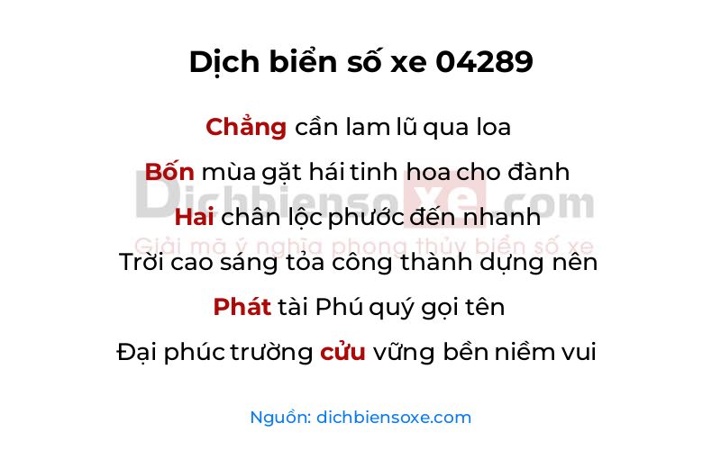 Dịch thơ biển số 04289
