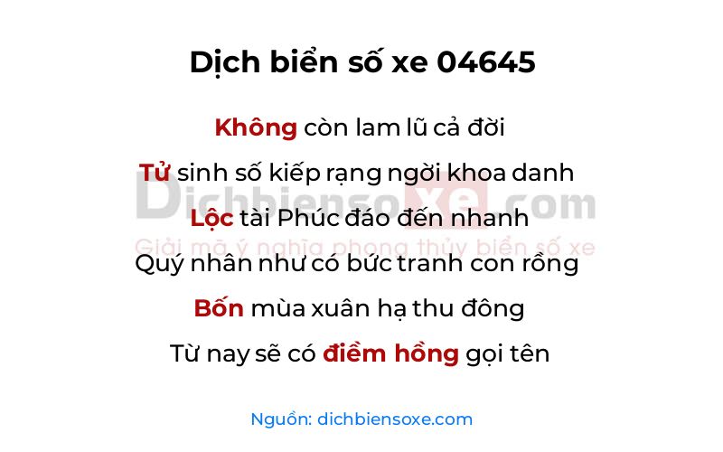Dịch thơ biển số 04645