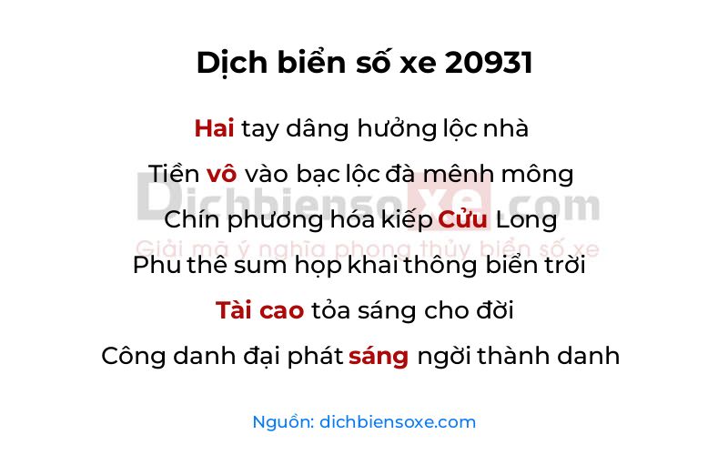 Dịch thơ biển số 20931