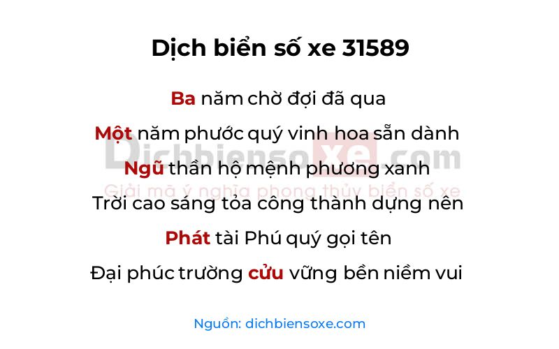 Xem ý nghĩa phong thủy biển số xe 31589 (Sinh Phúc Phát Trường Cửu)