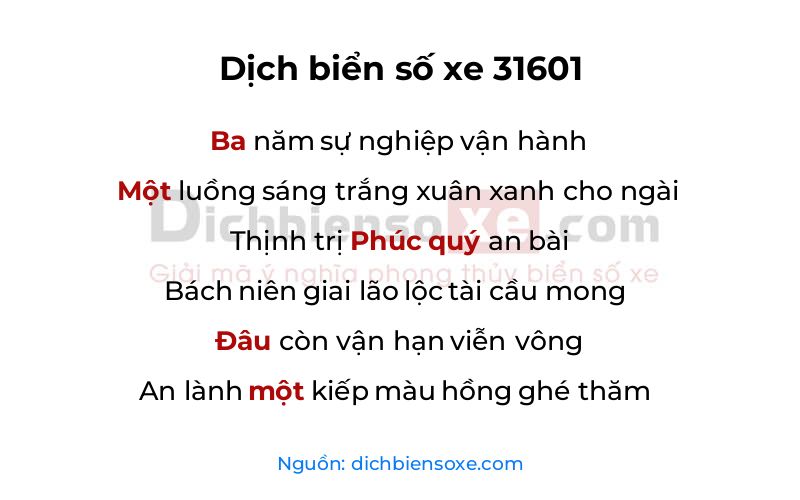 Dịch thơ biển số 31601