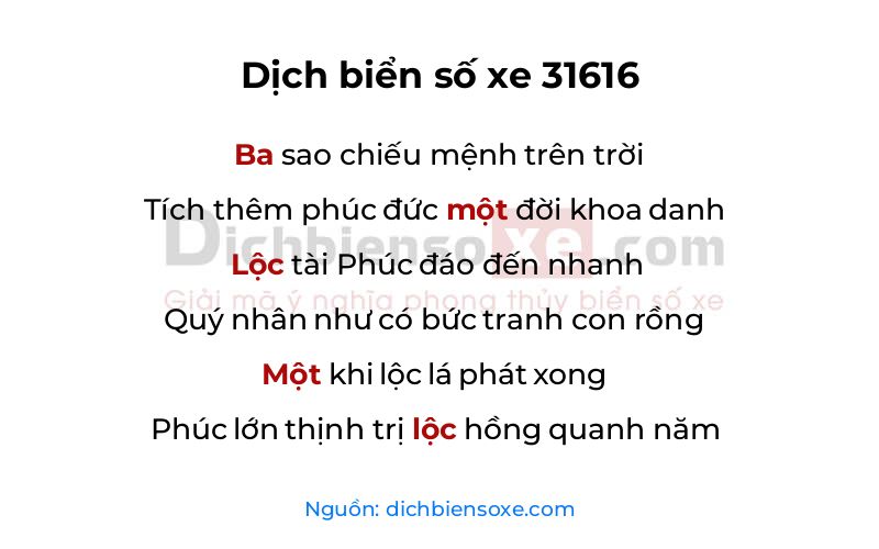 Dịch thơ biển số 31616
