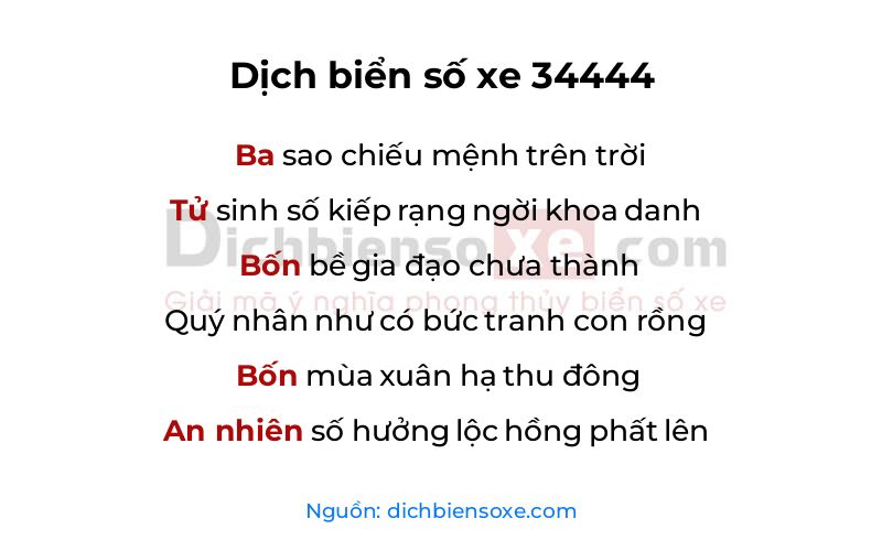 Xem ý nghĩa phong thủy biển số xe 34444 (Tứ Tử)