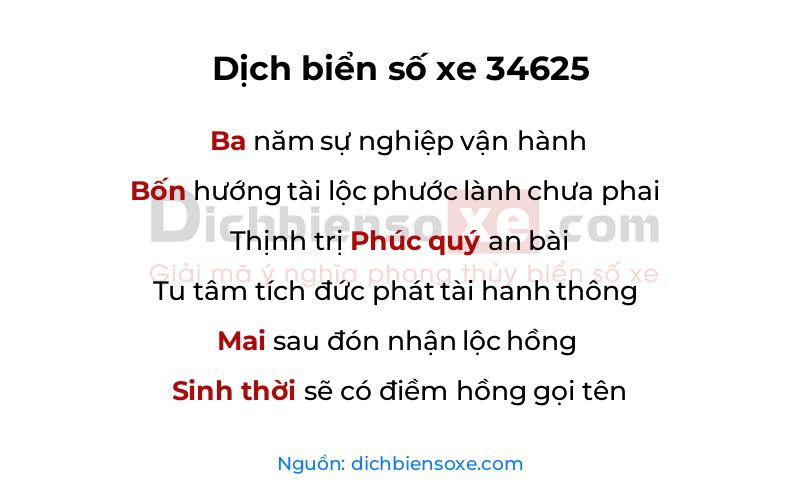Dịch thơ biển số 34625