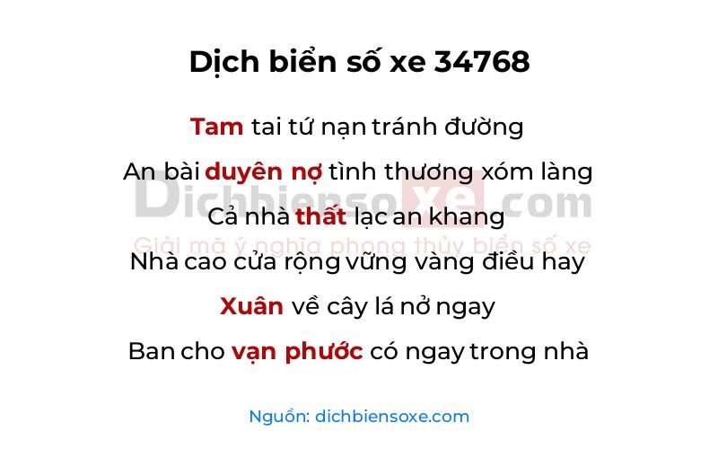 Dịch thơ biển số 34768