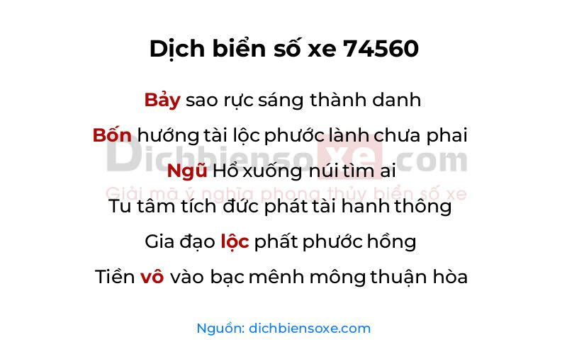 Xem ý nghĩa phong thủy biển số xe 74560 (Tử Sinh Lộc Viên Mãn)