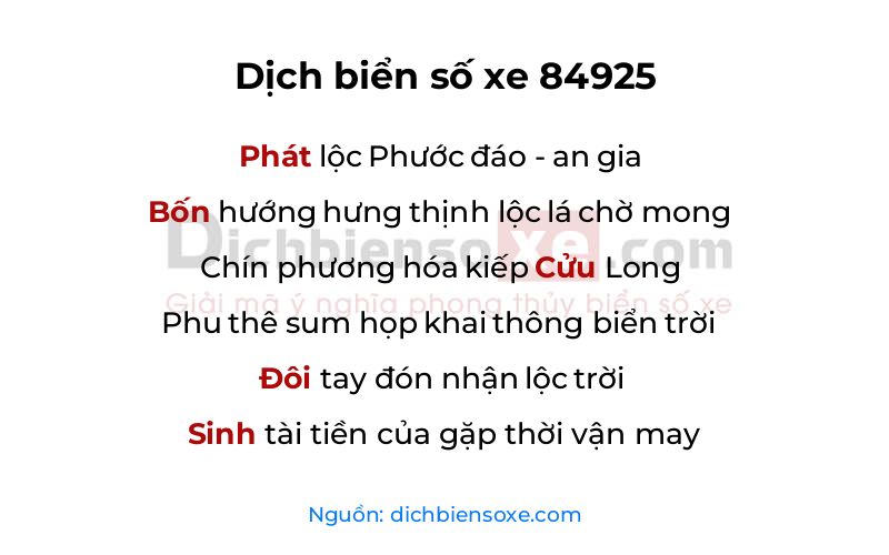 Dịch thơ biển số 84925