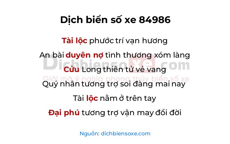 Dịch thơ biển số 84986