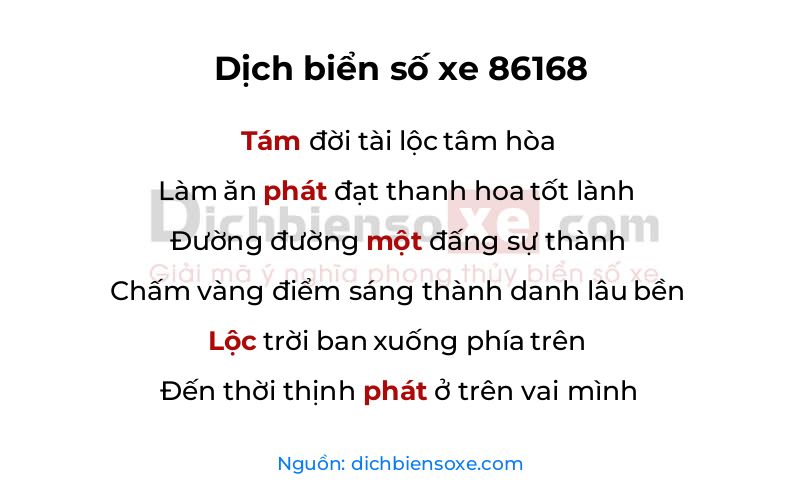 Dịch thơ biển số 86168