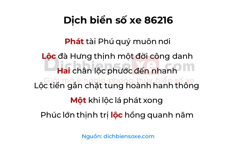 Dịch thơ biển số 86216