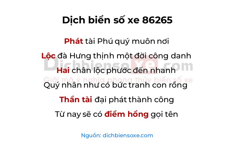 Dịch thơ biển số 86265