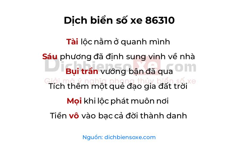 Dịch thơ biển số 86310