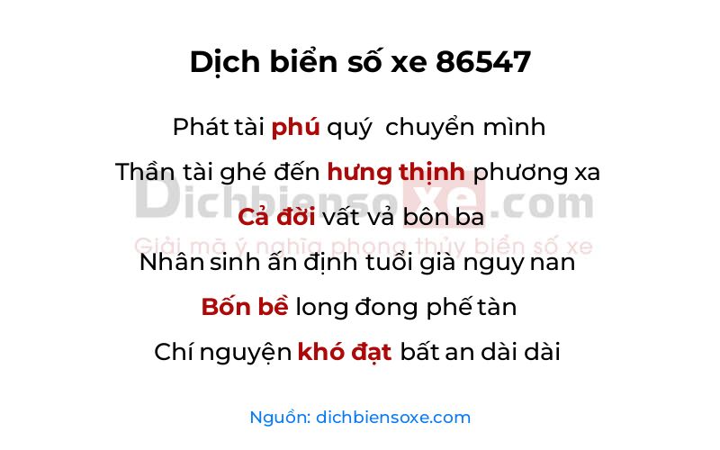 Dịch thơ biển số 86547