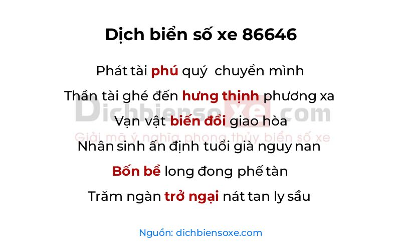 Dịch thơ biển số 86646