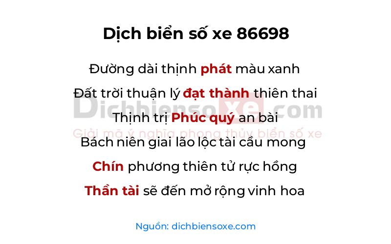 Dịch thơ biển số 86698