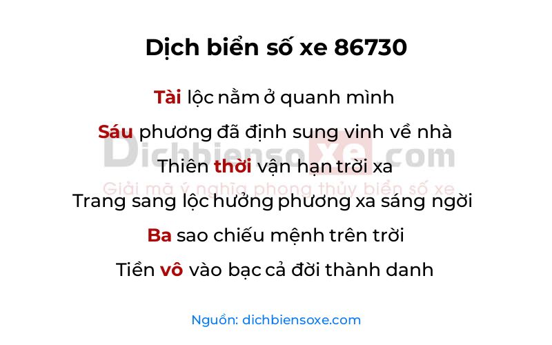 Dịch thơ biển số 86730