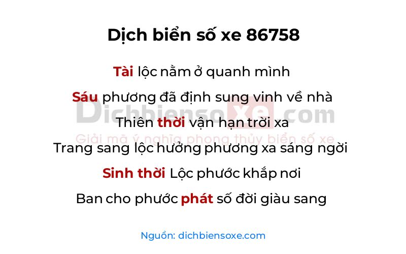Dịch thơ biển số 86758