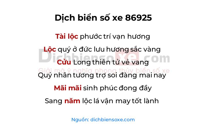 Dịch thơ biển số 86925