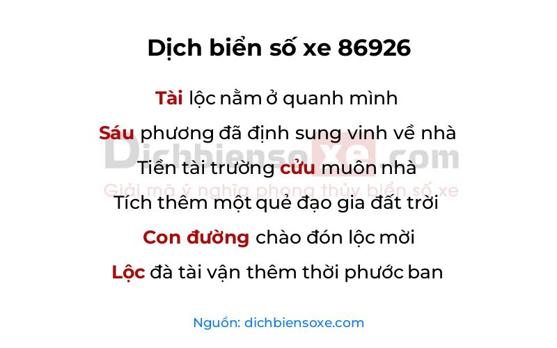 Dịch thơ biển số 86926