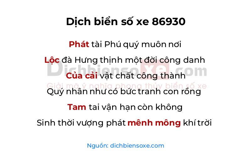 Dịch thơ biển số 86930