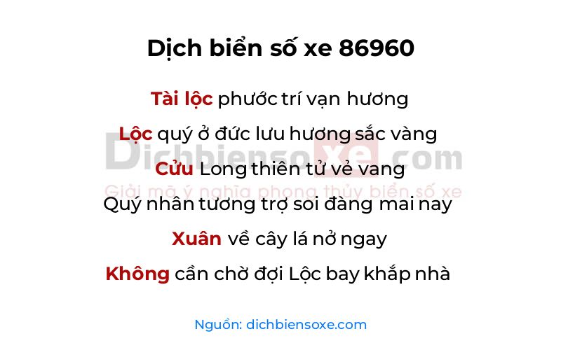 Dịch thơ biển số 86960