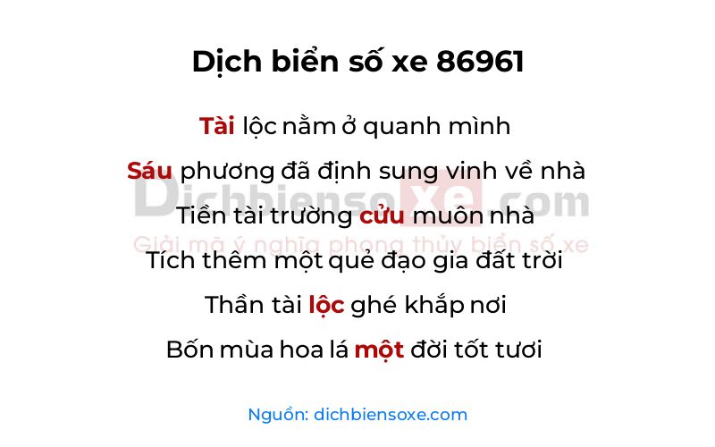 Dịch thơ biển số 86961