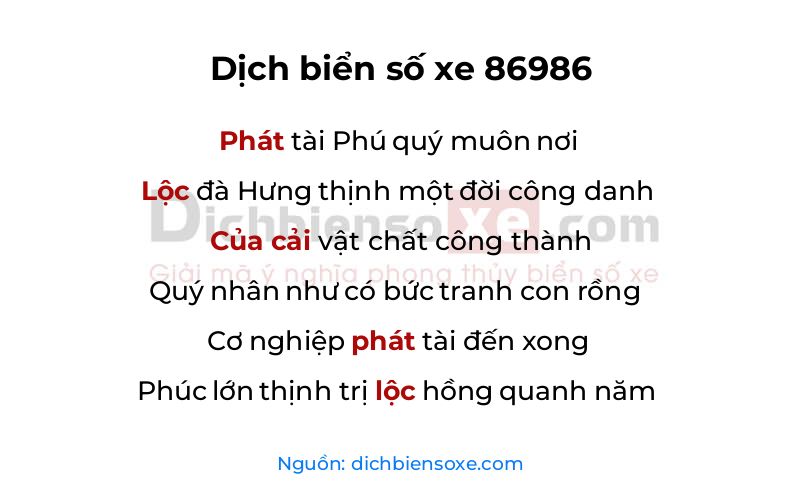 Dịch thơ biển số 86986