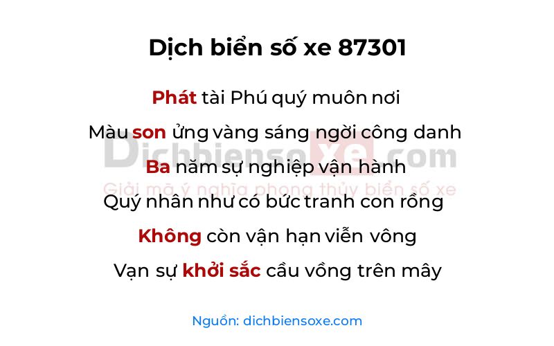 Dịch thơ biển số 87301