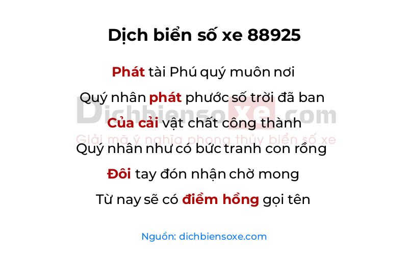 Dịch thơ biển số 88925