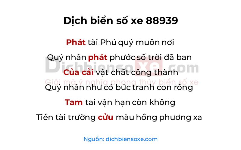 Dịch thơ biển số 88939