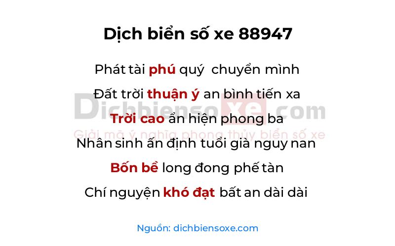 Dịch thơ biển số 88947