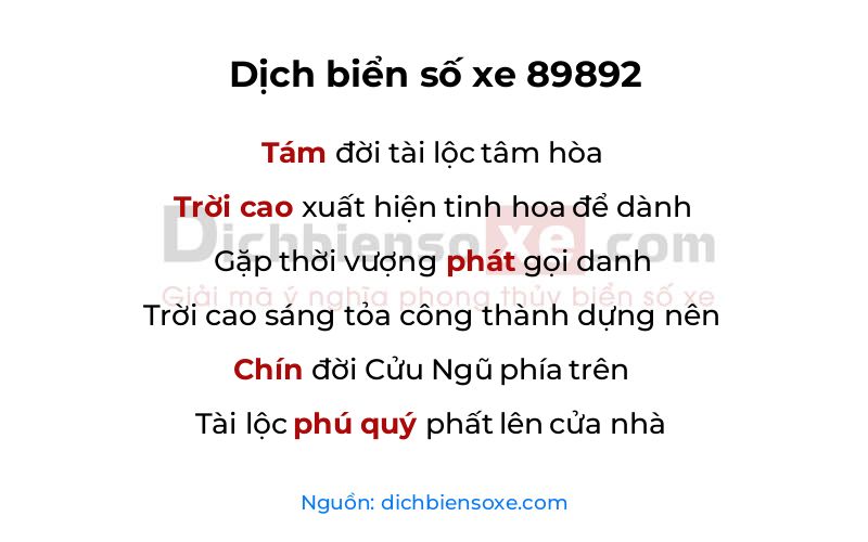 Dịch thơ biển số 89892