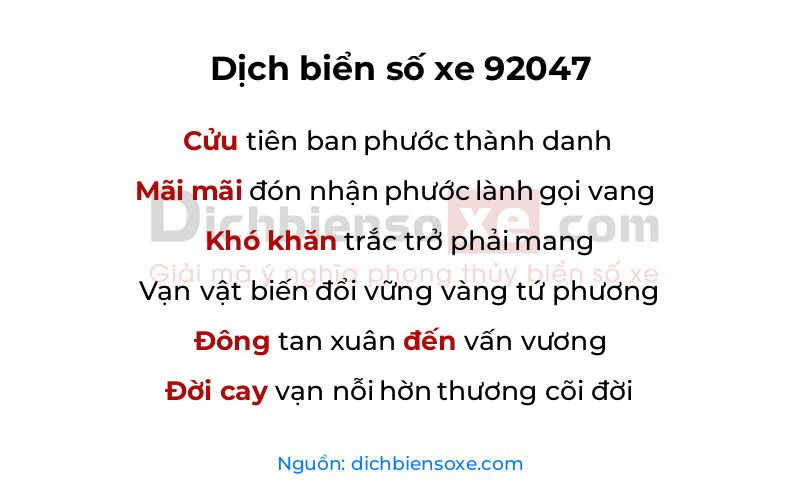 Dịch thơ biển số 92047