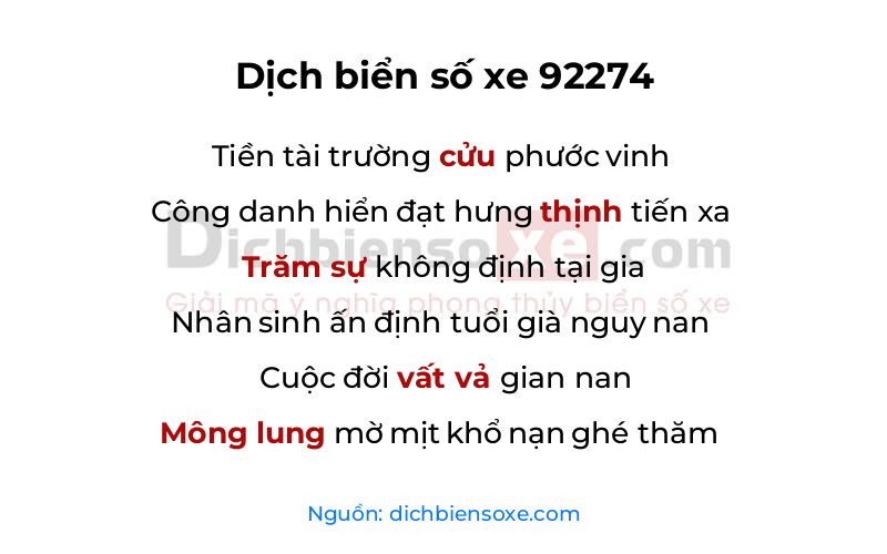 Dịch thơ biển số 92274