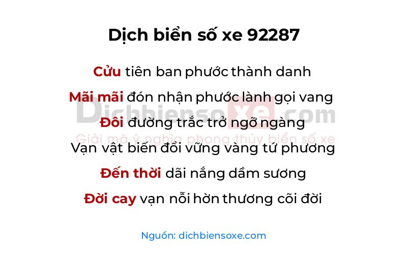 Dịch thơ biển số 92287