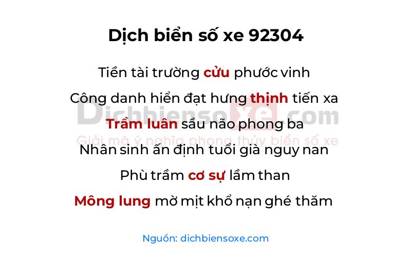 Dịch thơ biển số 92304