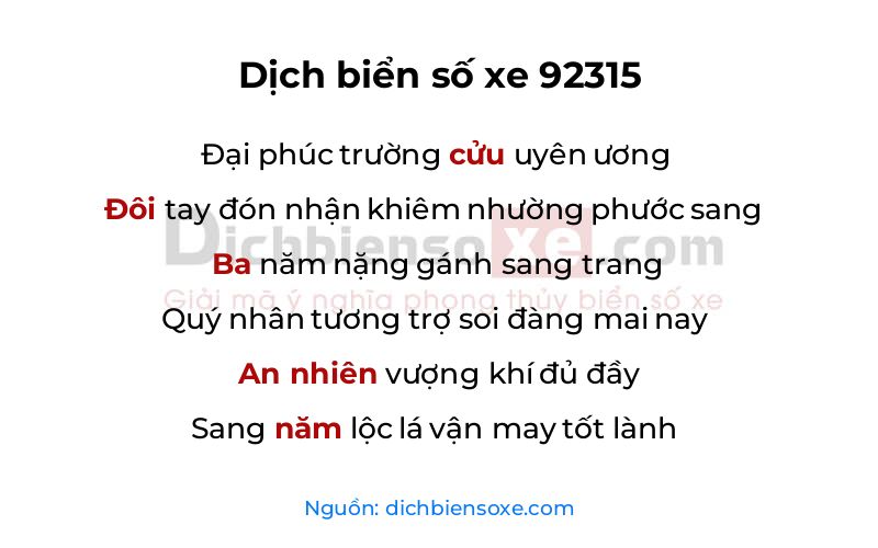 Dịch thơ biển số 92315