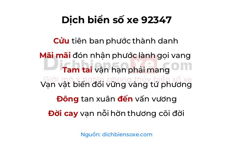Dịch thơ biển số 92347