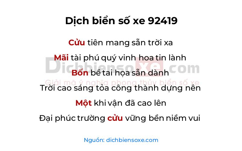 Dịch thơ biển số 92419