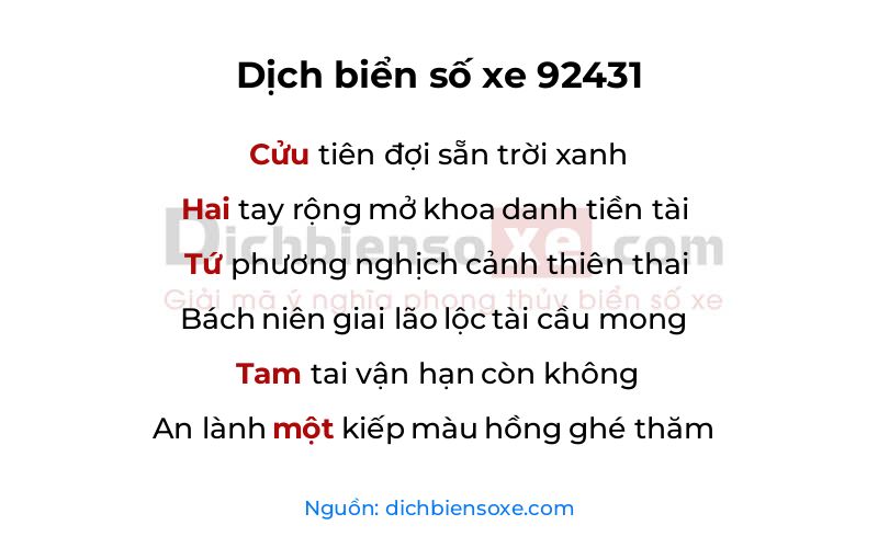 Dịch thơ biển số 92431