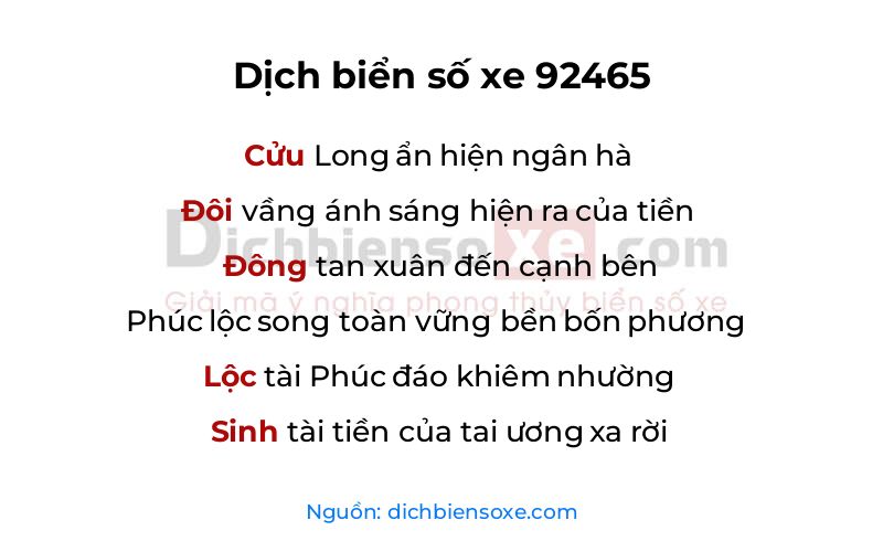 Dịch thơ biển số 92465