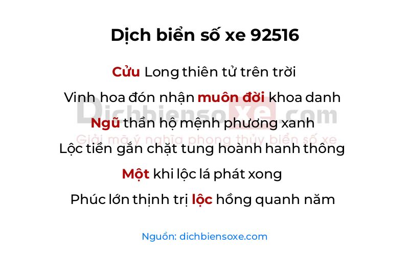 Dịch thơ biển số 92516
