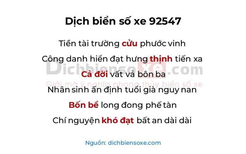 Dịch thơ biển số 92547