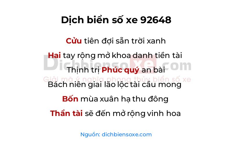 Dịch thơ biển số 92648