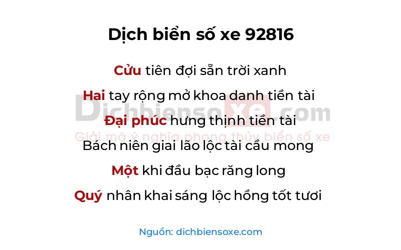Dịch thơ biển số 92816