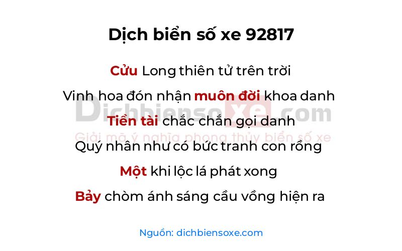 Dịch thơ biển số 92817