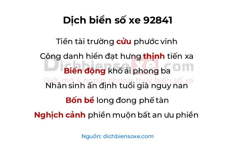 Dịch thơ biển số 92841