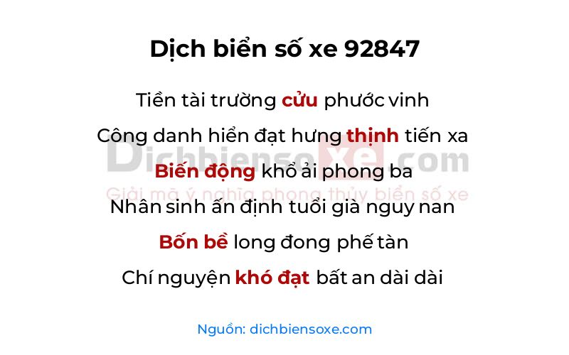 Dịch thơ biển số 92847